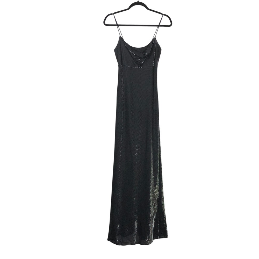 Vintage Gothic Waterfall Neckline Maxi Dress Black Shimmer Size XS Glam Vampcore